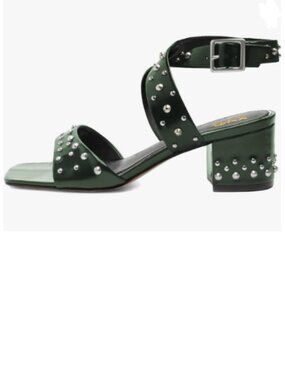 XYD Green Crossover Ankle Straps Block Mid Heel Sandals with Studs Open Toe Shoe